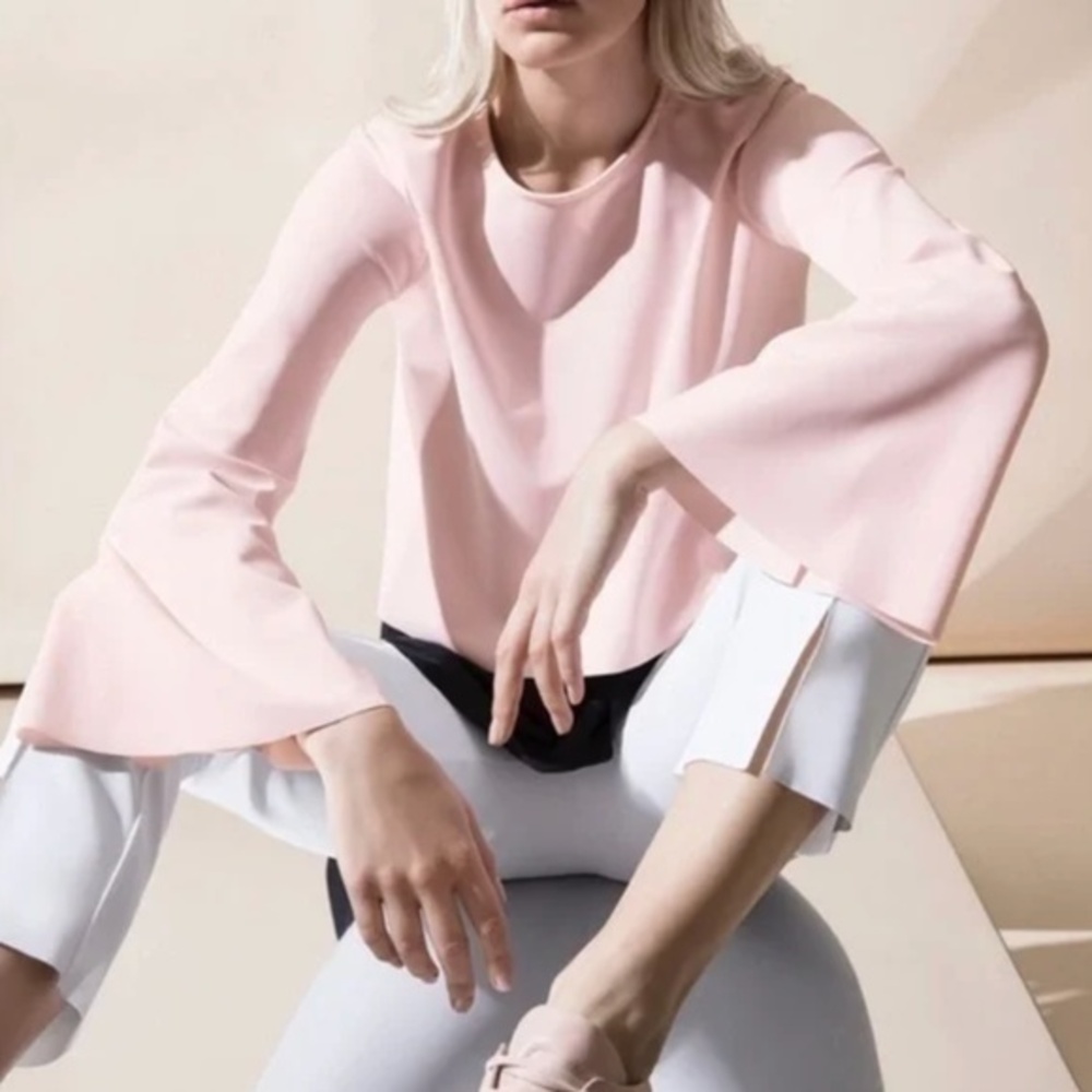 Carbon38 Cropped Bell Sleeve Blouse in Light Pastel Pink Medium